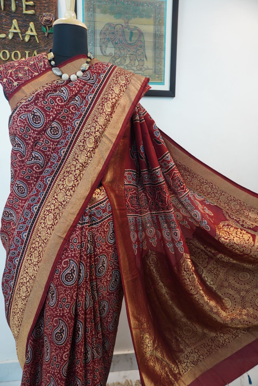 Dola silk ajrakh saree with floral nakshi pallu -  red