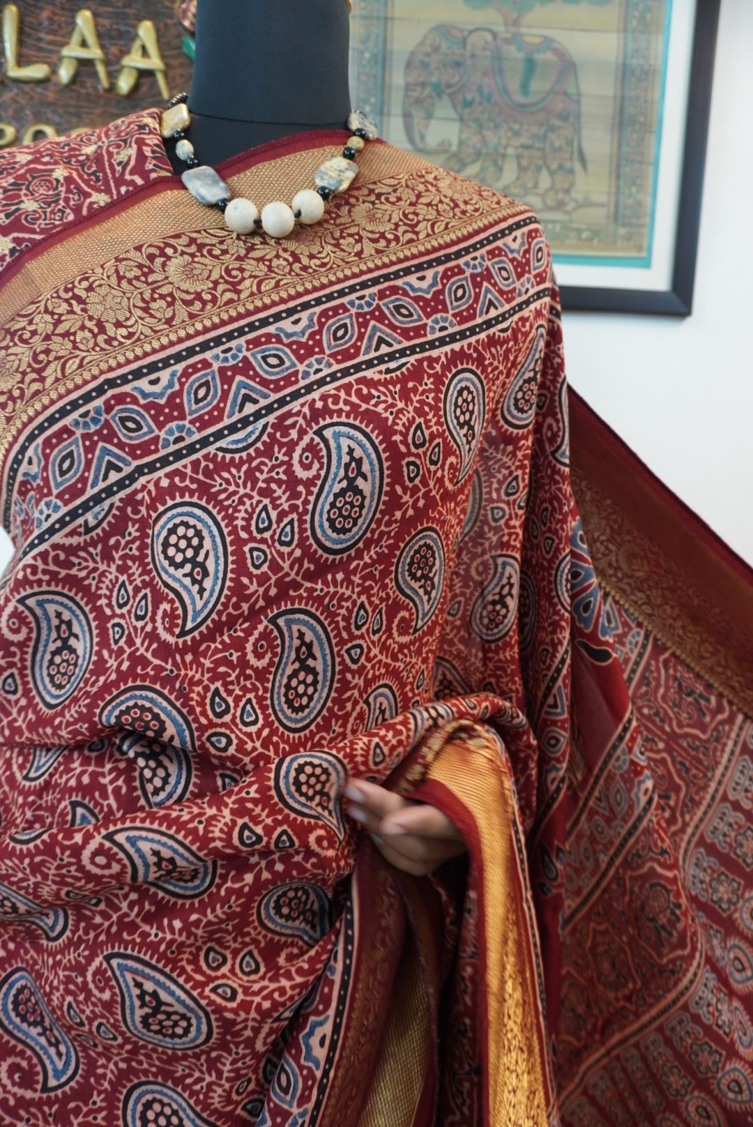 Dola silk ajrakh saree with floral nakshi pallu -  red