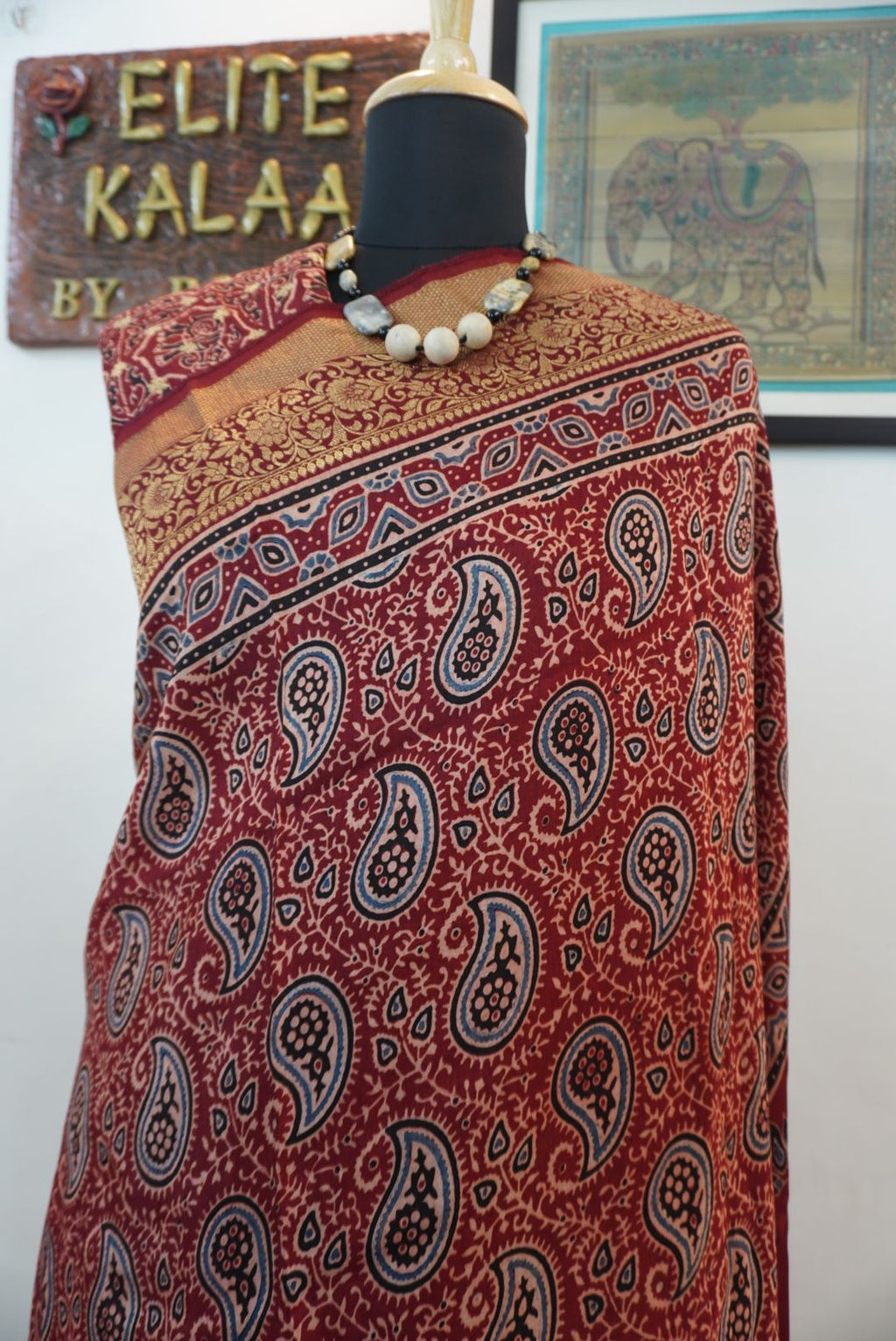 Dola silk ajrakh saree with floral nakshi pallu -  red
