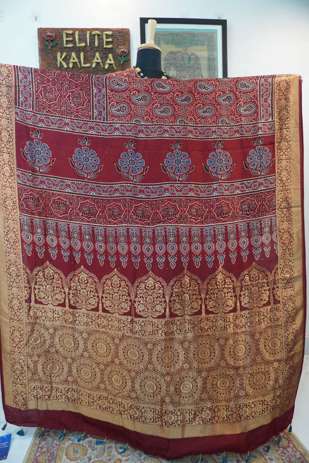 Dola silk ajrakh saree with floral nakshi pallu -  red
