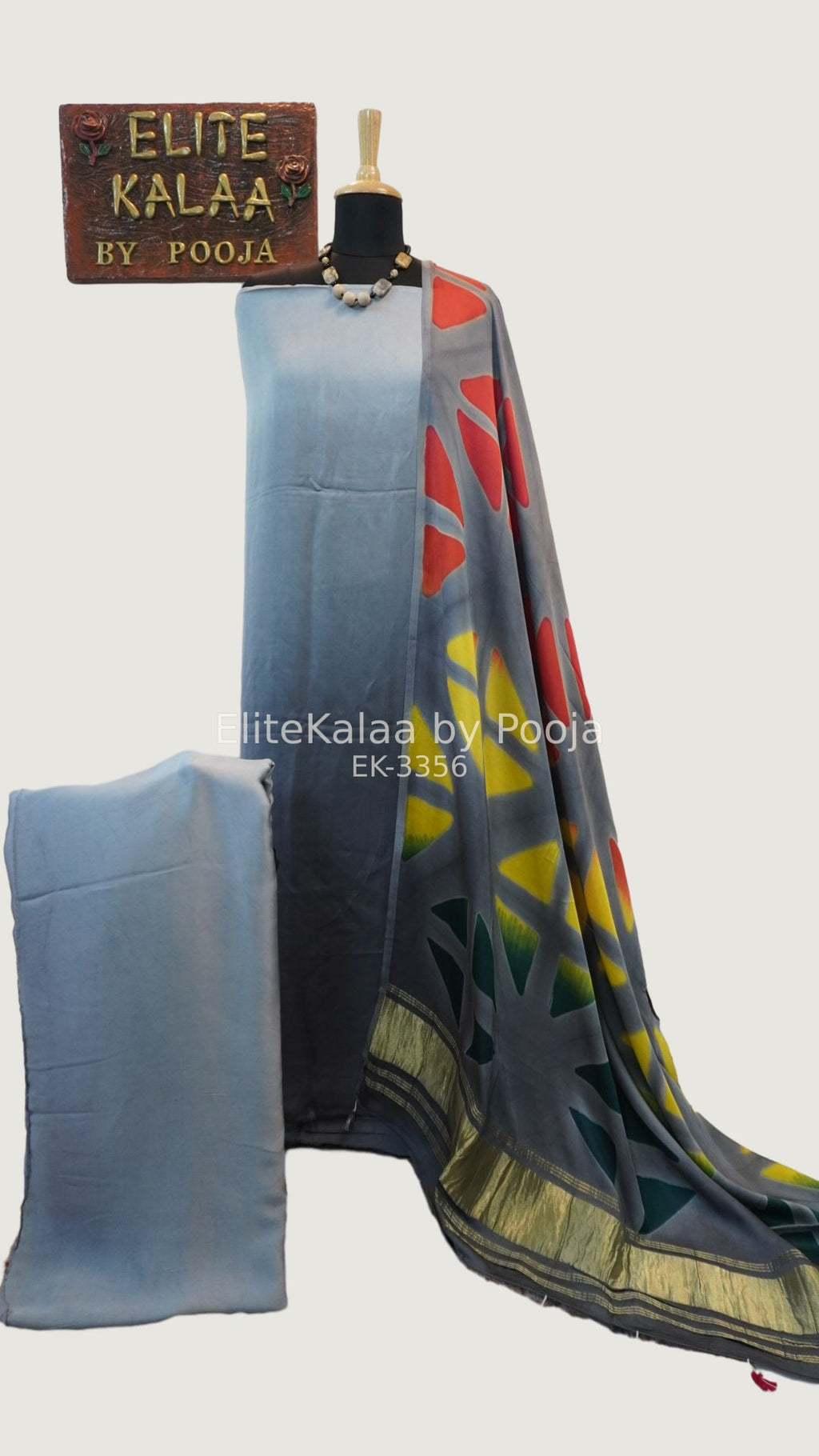 Grey modal unstitched 3-piece suit set with abstract pattern and border detail