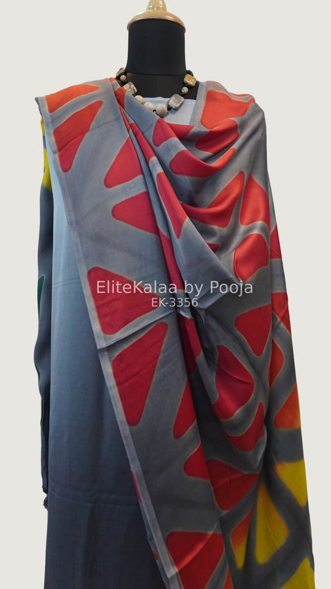 Grey modal unstitched 3-piece suit set with abstract pattern and border detail