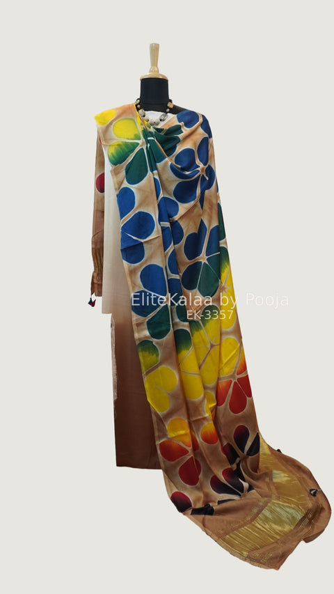Beige modal unstitched 3-piece suit with abstract pattern and border detail