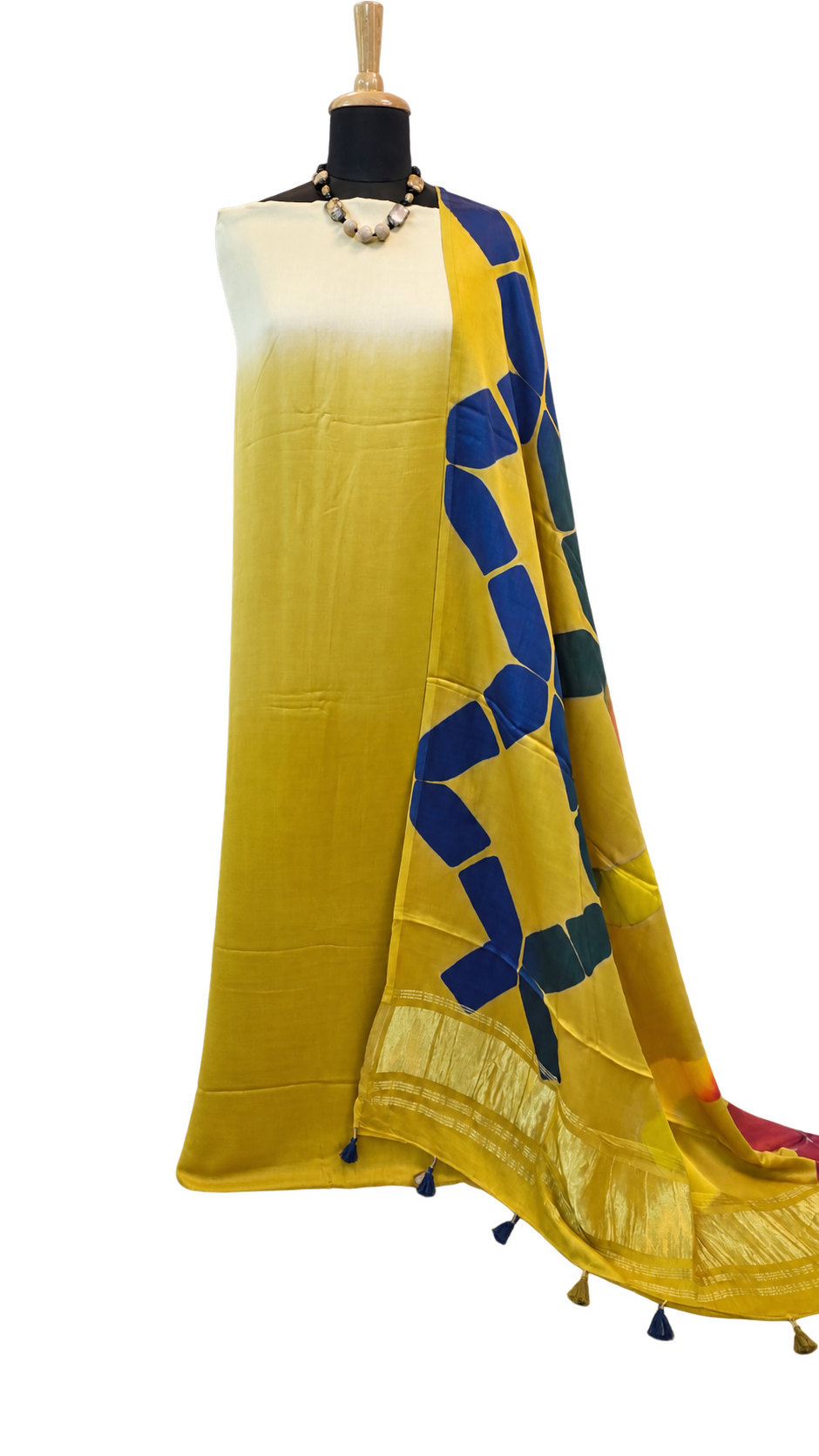 Modal Clamp Dyeing 3-Piece Unstitched Suit Set in Mustard with Abstract Dupatta — 1