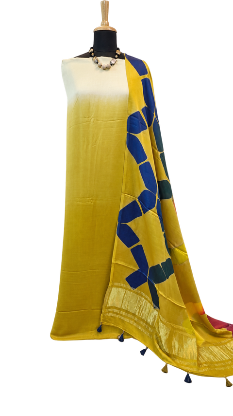 Modal Clamp Dyeing 3-Piece Unstitched Suit Set in Mustard with Abstract Dupatta — 1