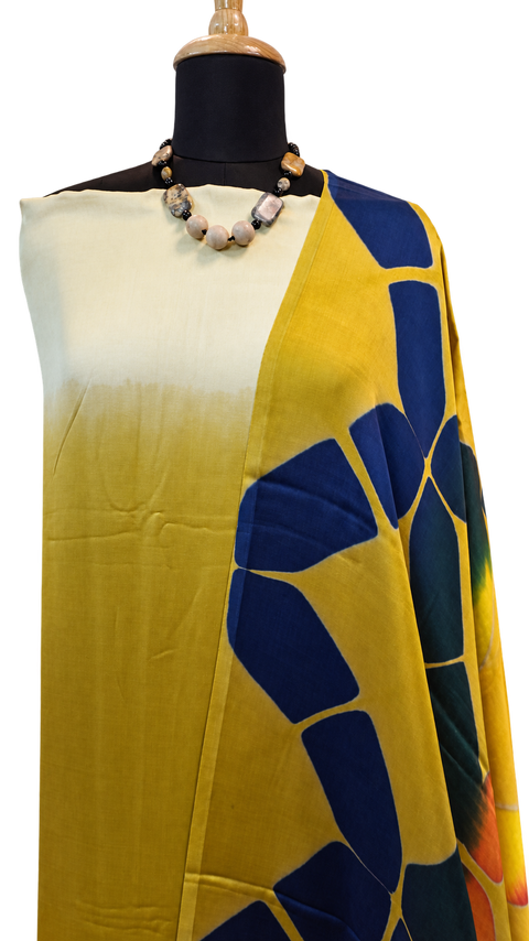 Modal Clamp Dyeing 3-Piece Unstitched Suit Set in Mustard with Abstract Dupatta — 2