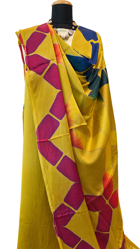 Modal Clamp Dyeing 3-Piece Unstitched Suit Set in Mustard with Abstract Dupatta — 3