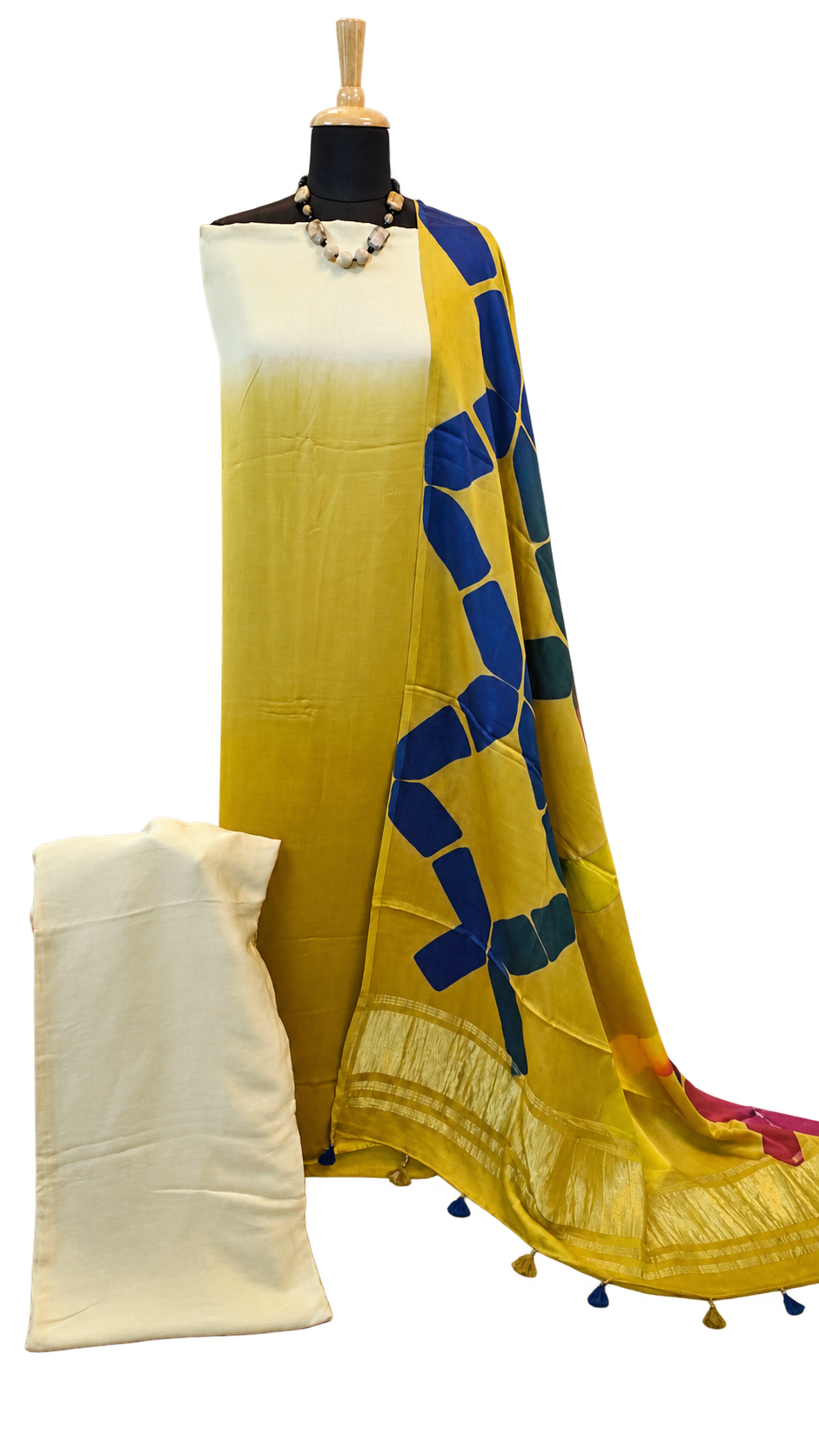 Modal Clamp Dyeing 3-Piece Unstitched Suit Set in Mustard with Abstract Dupatta — 5
