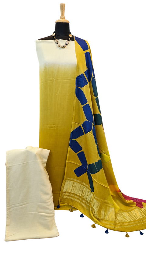 Modal Clamp Dyeing 3-Piece Unstitched Suit Set in Mustard with Abstract Dupatta — 5