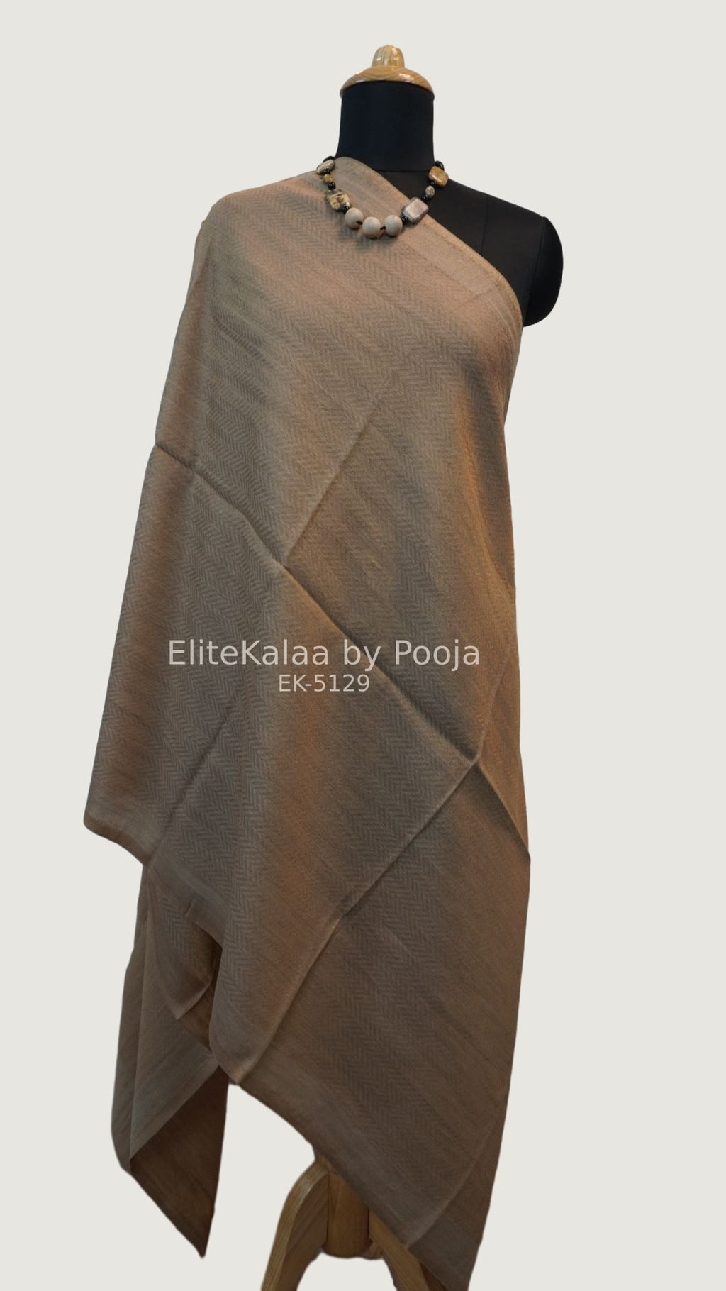Beige fine wool stole with self zari chevron geometric design