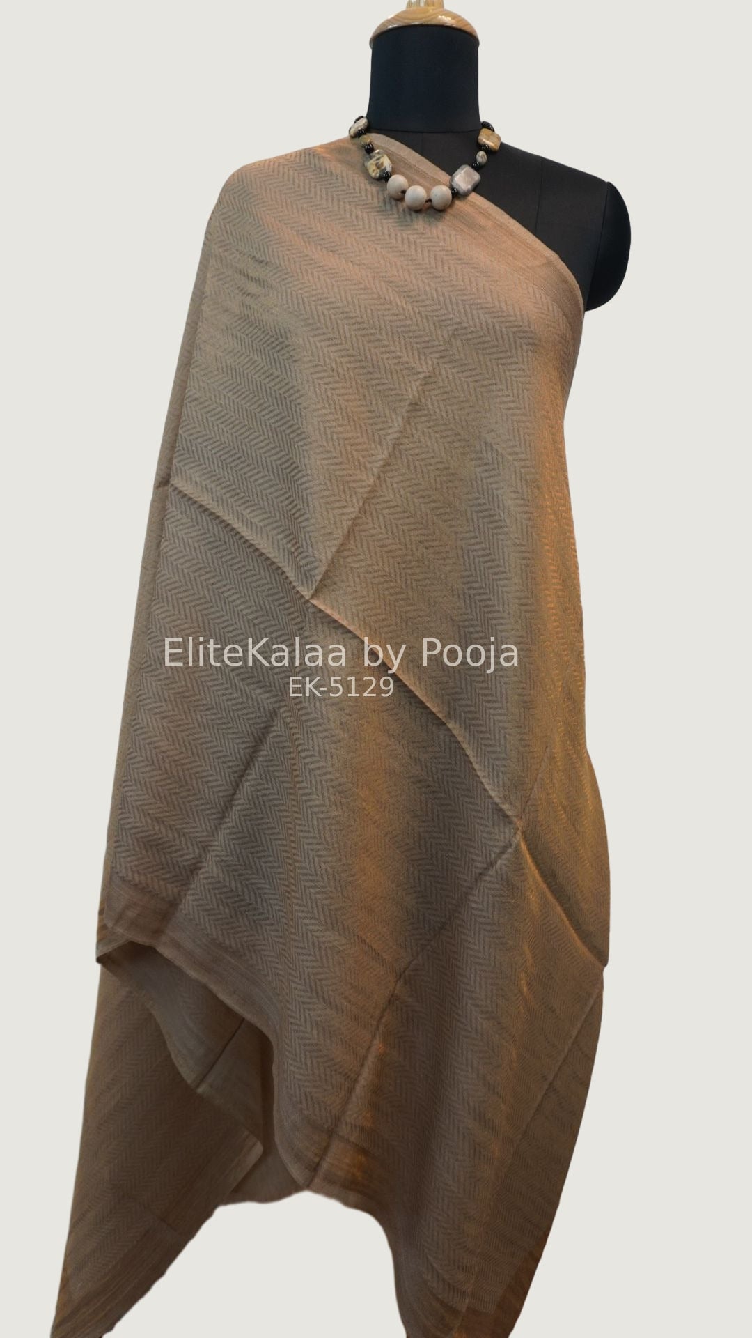 Beige fine wool stole with self zari chevron geometric design