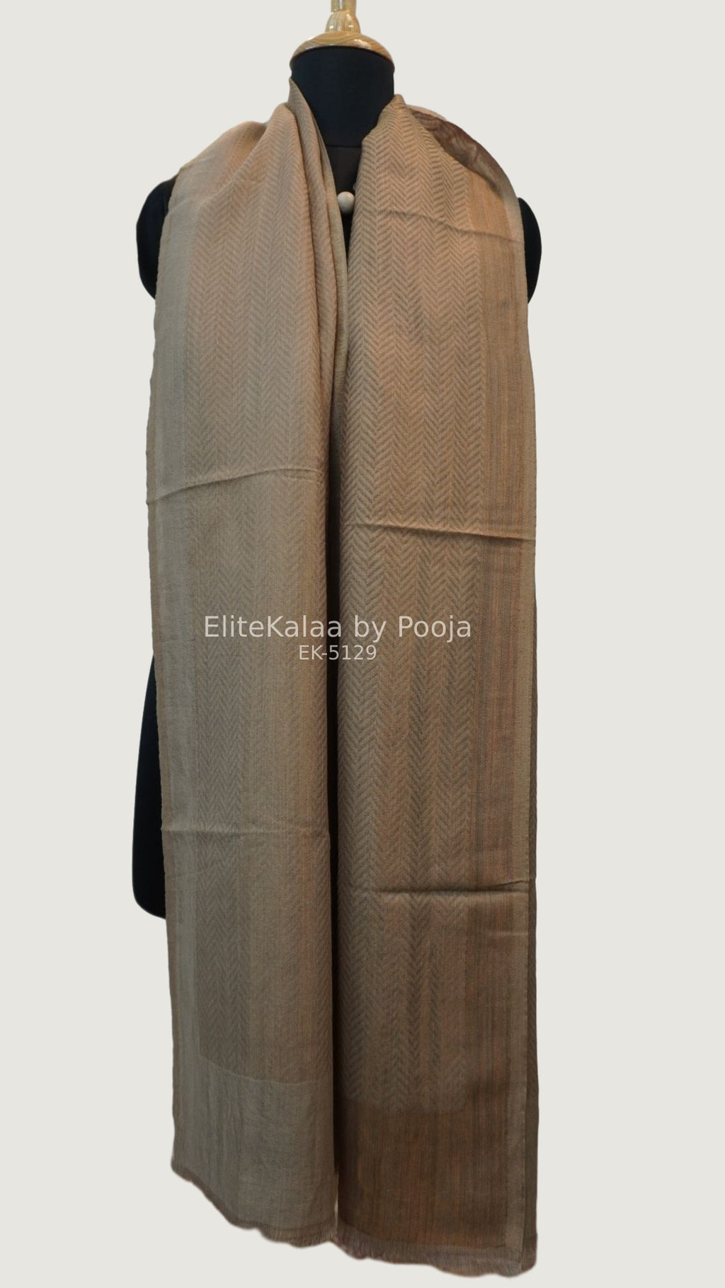 Beige fine wool stole with self zari chevron geometric design