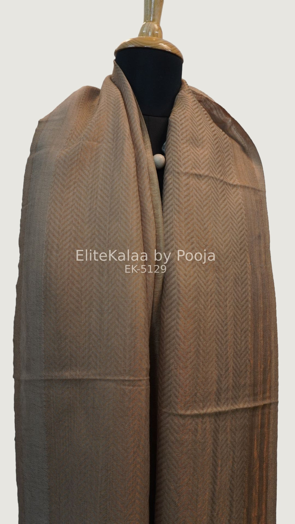 Beige fine wool stole with self zari chevron geometric design