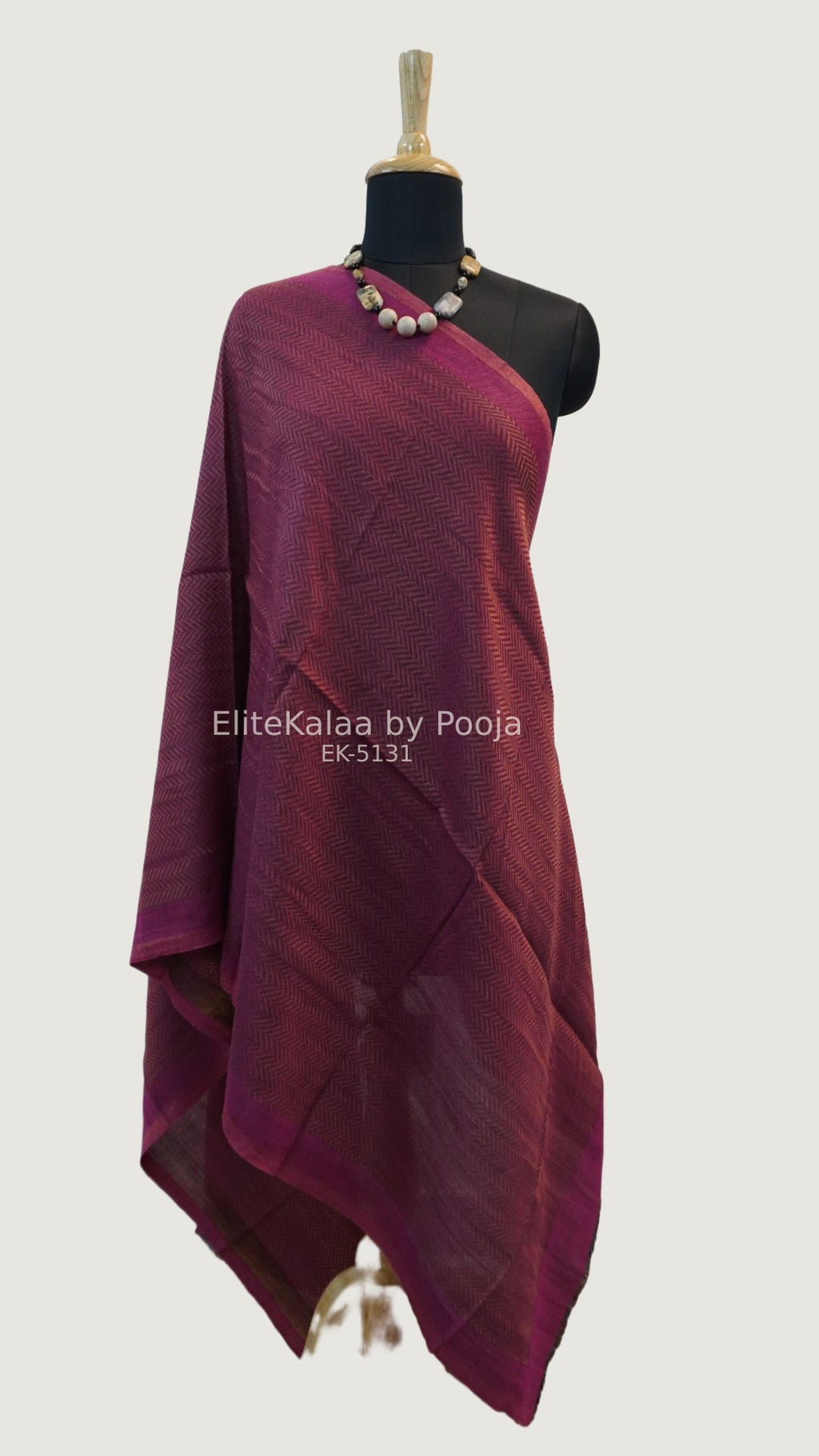 Dark pink fine wool stole with self zari chevron geometric design
