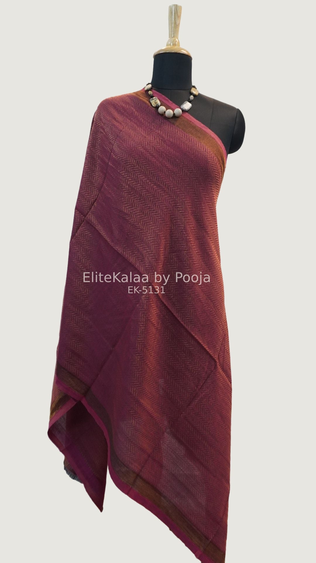 Dark pink fine wool stole with self zari chevron geometric design