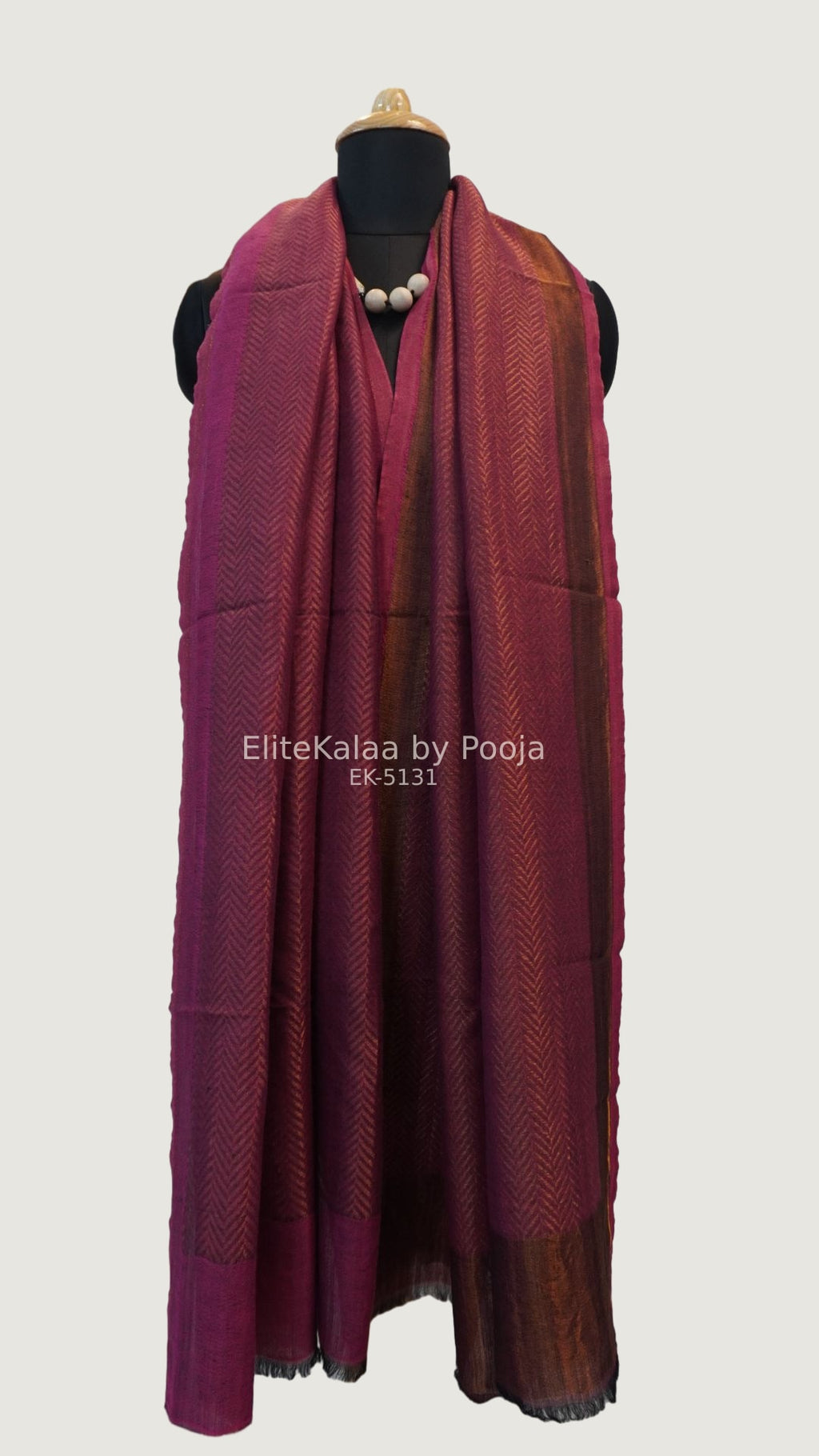 Dark pink fine wool stole with self zari chevron geometric design