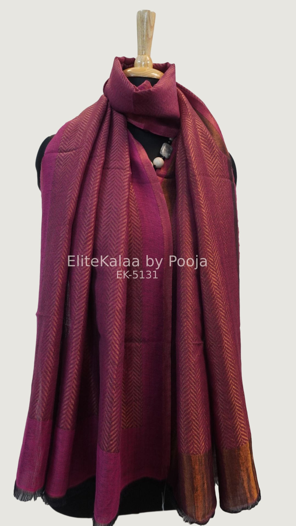 Dark pink fine wool stole with self zari chevron geometric design
