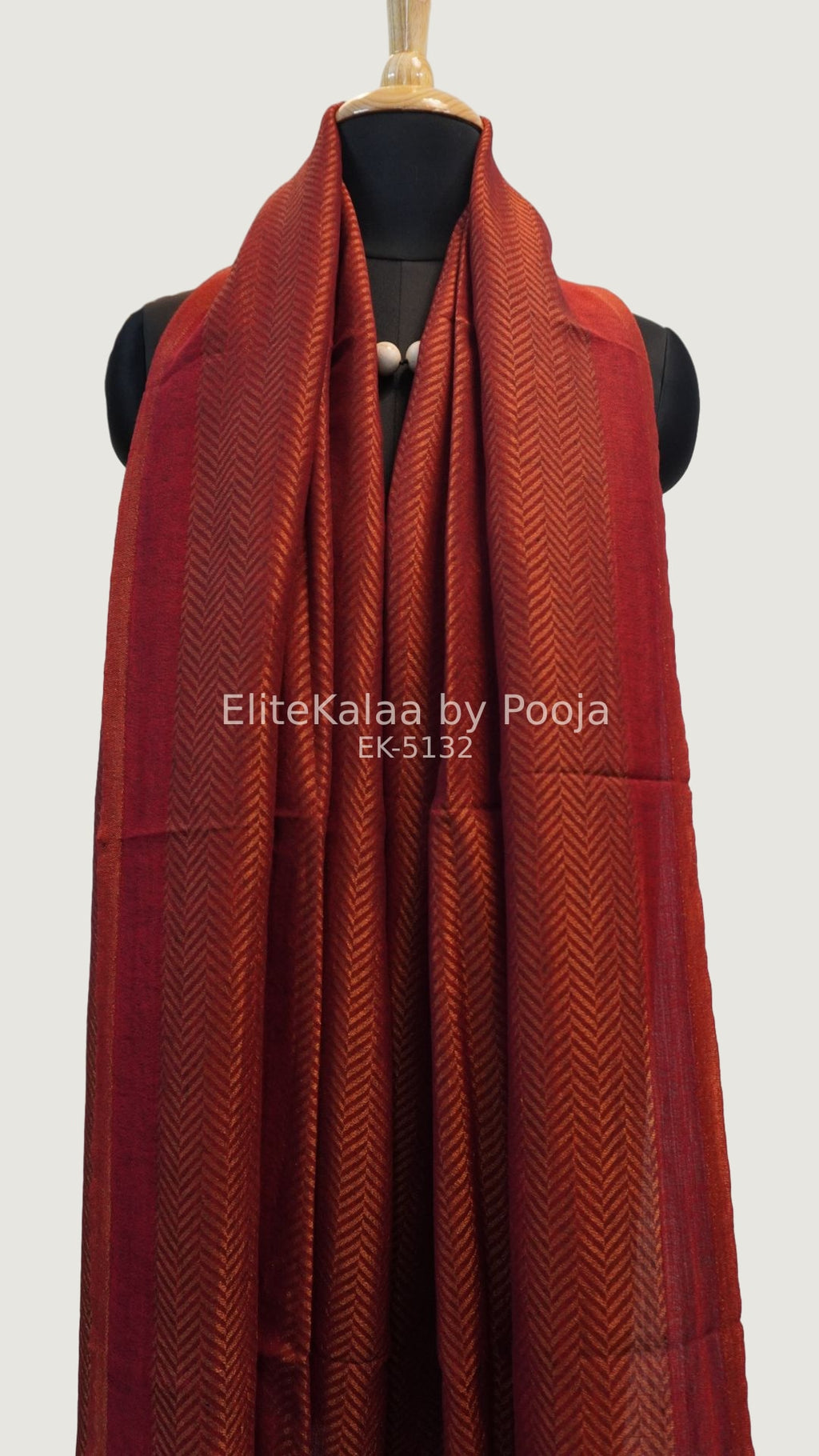 Red fine wool stole with self zari chevron chevron design and border detail