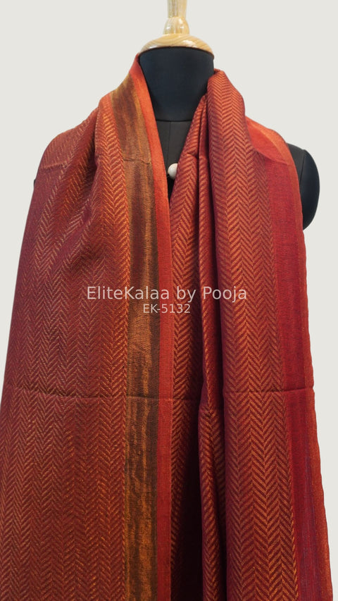 Red fine wool stole with self zari chevron chevron design and border detail