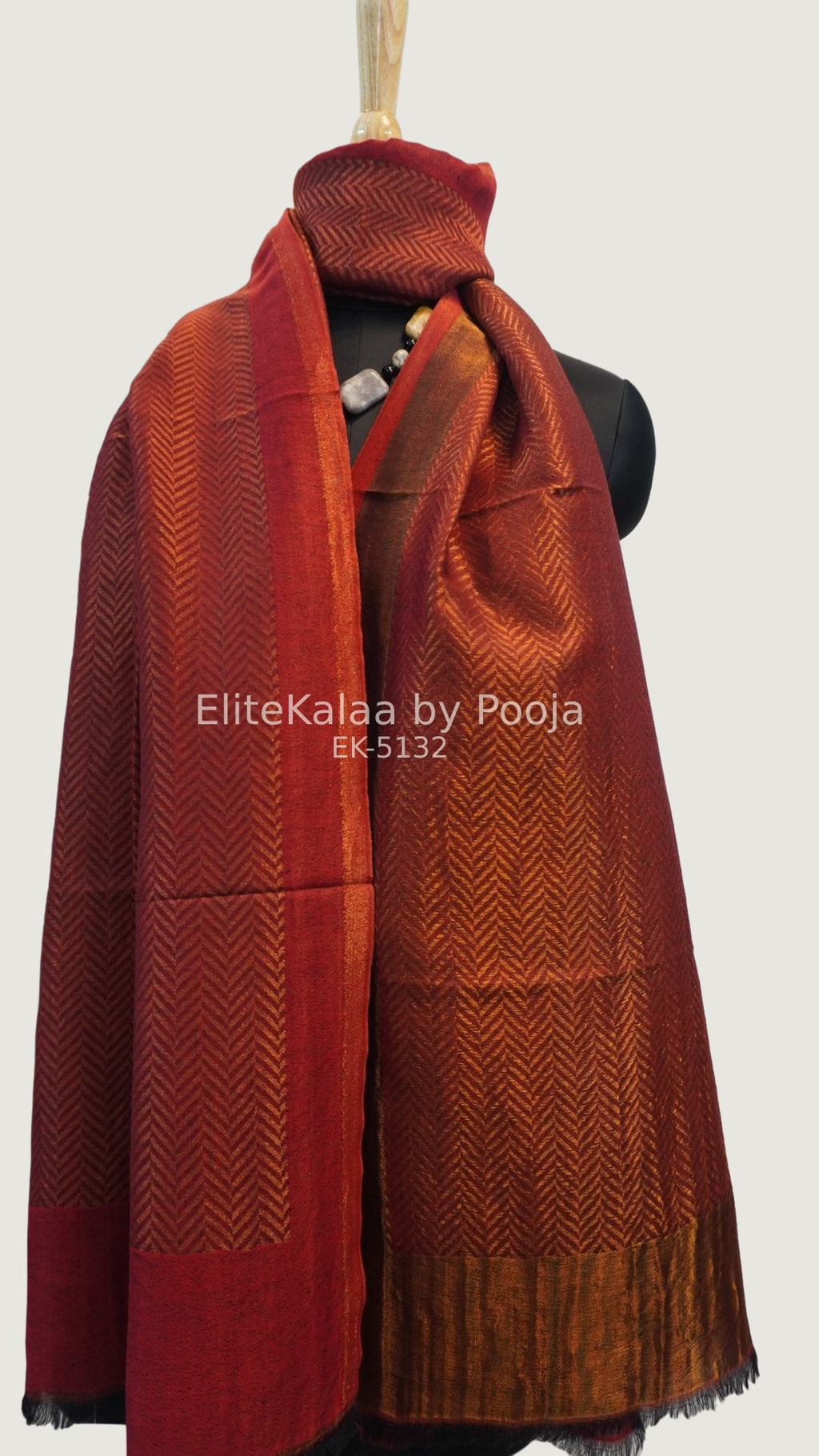 Red fine wool stole with self zari chevron chevron design and border detail