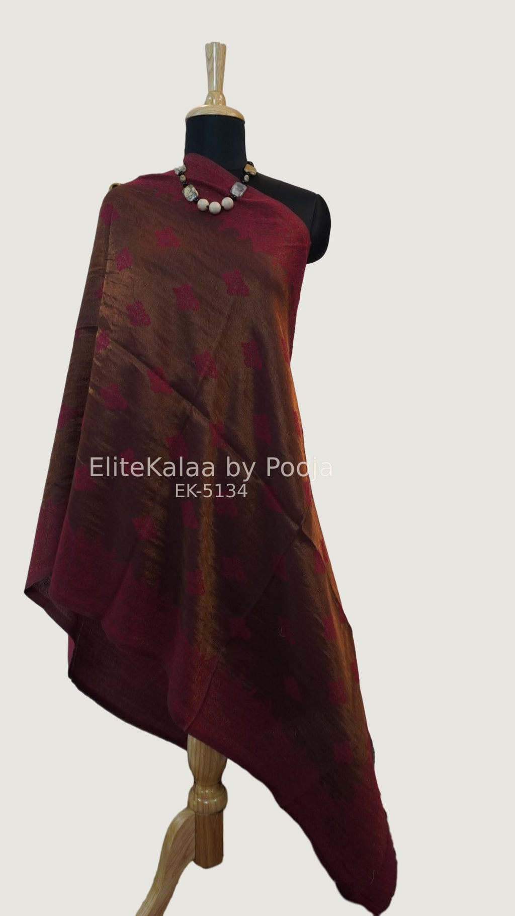 Maroon fine wool stole with self zari leaf design