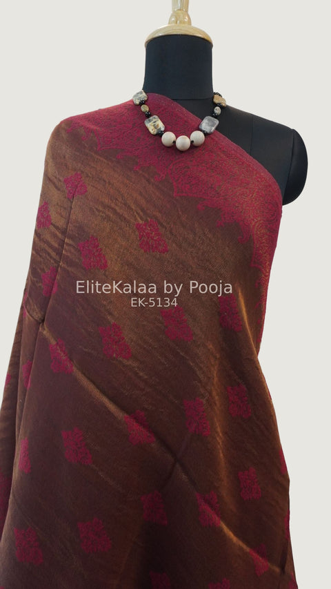 Maroon fine wool stole with self zari leaf design