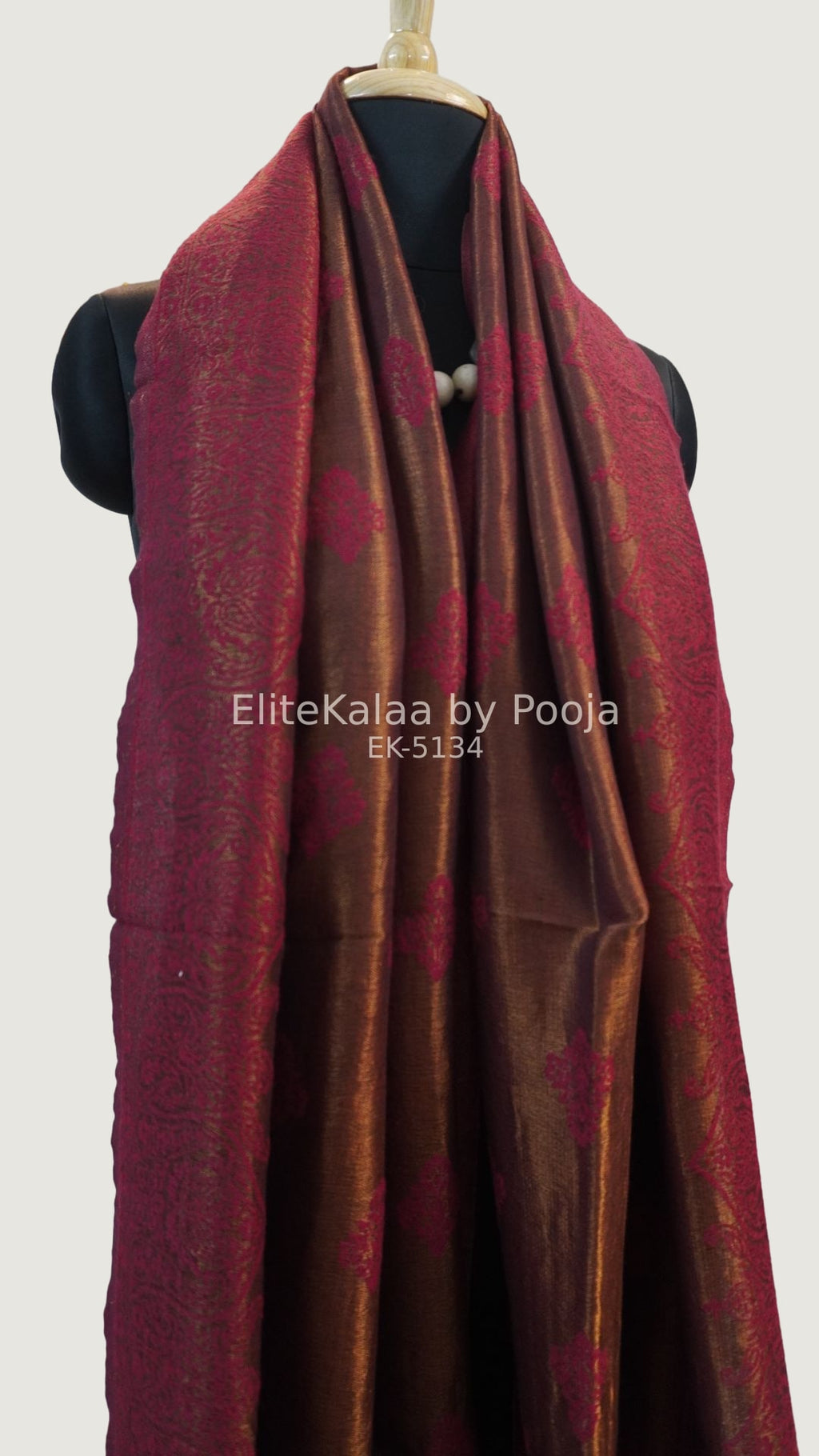 Maroon fine wool stole with self zari leaf design