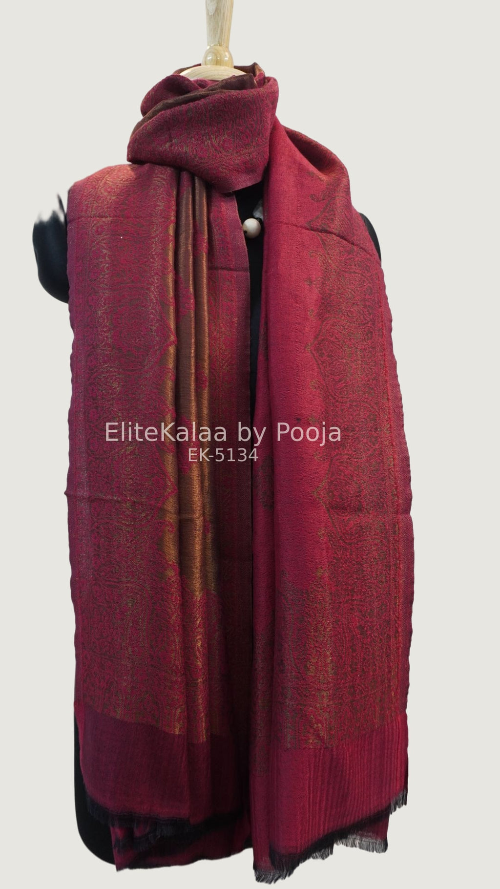 Maroon fine wool stole with self zari leaf design