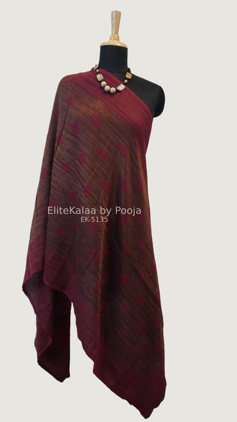 Deep maroon fine wool stole with self zari leaf design