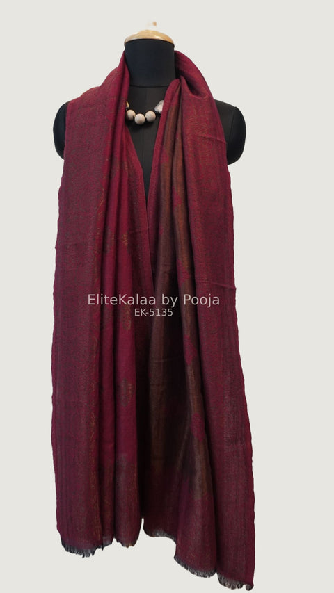 Deep maroon fine wool stole with self zari leaf design