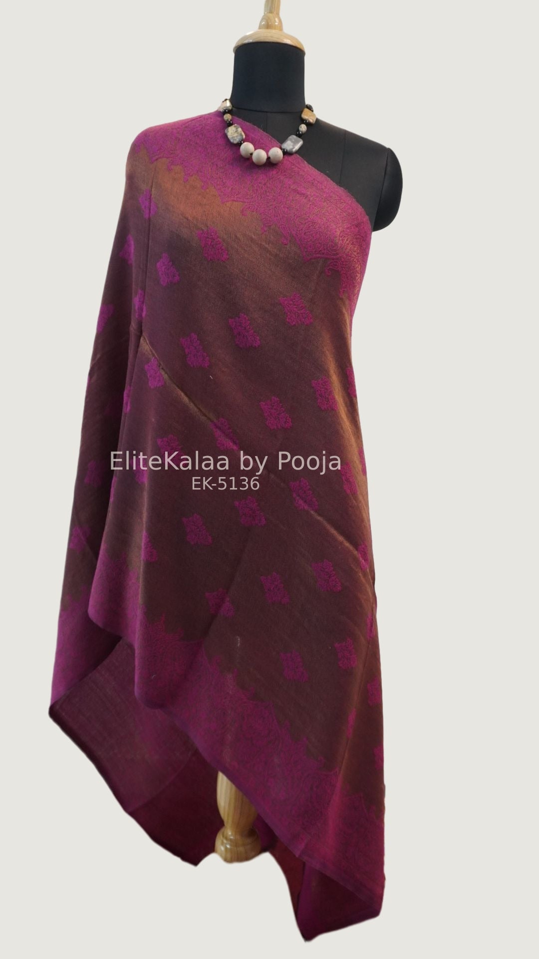 Pink fine wool stole with self zari leaf design
