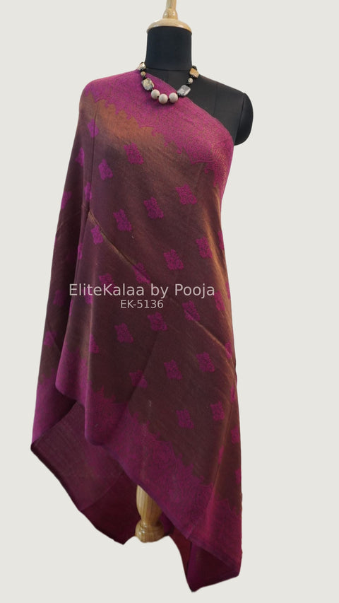 Pink fine wool stole with self zari leaf design