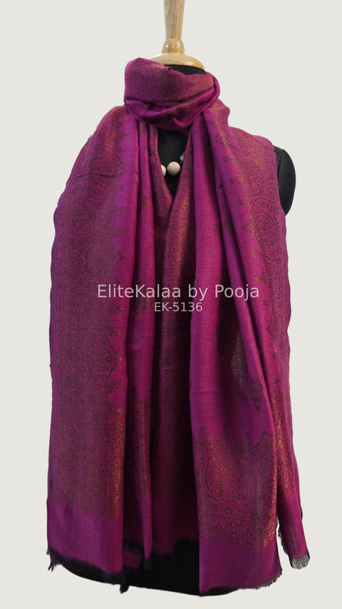 Pink fine wool stole with self zari leaf design