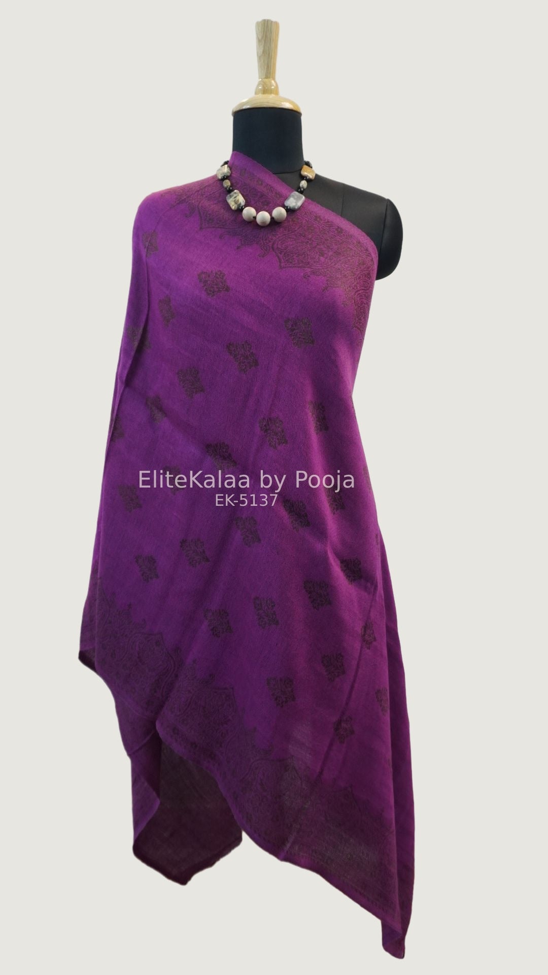 Purple fine wool stole with self zari leaf design