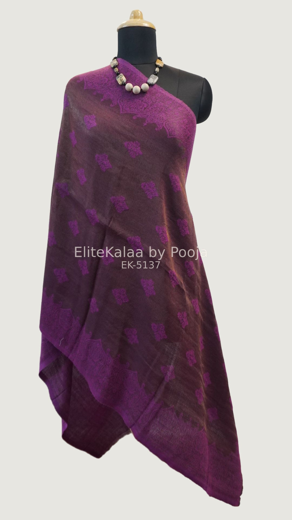 Purple fine wool stole with self zari leaf design
