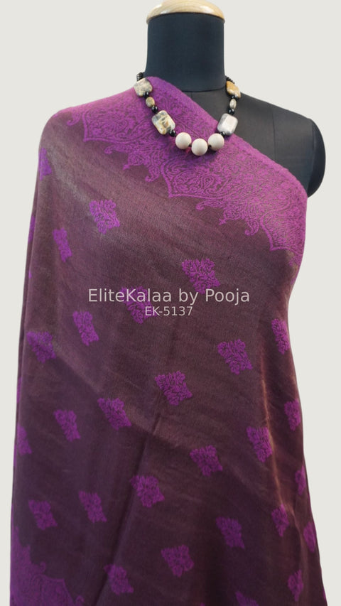 Purple fine wool stole with self zari leaf design