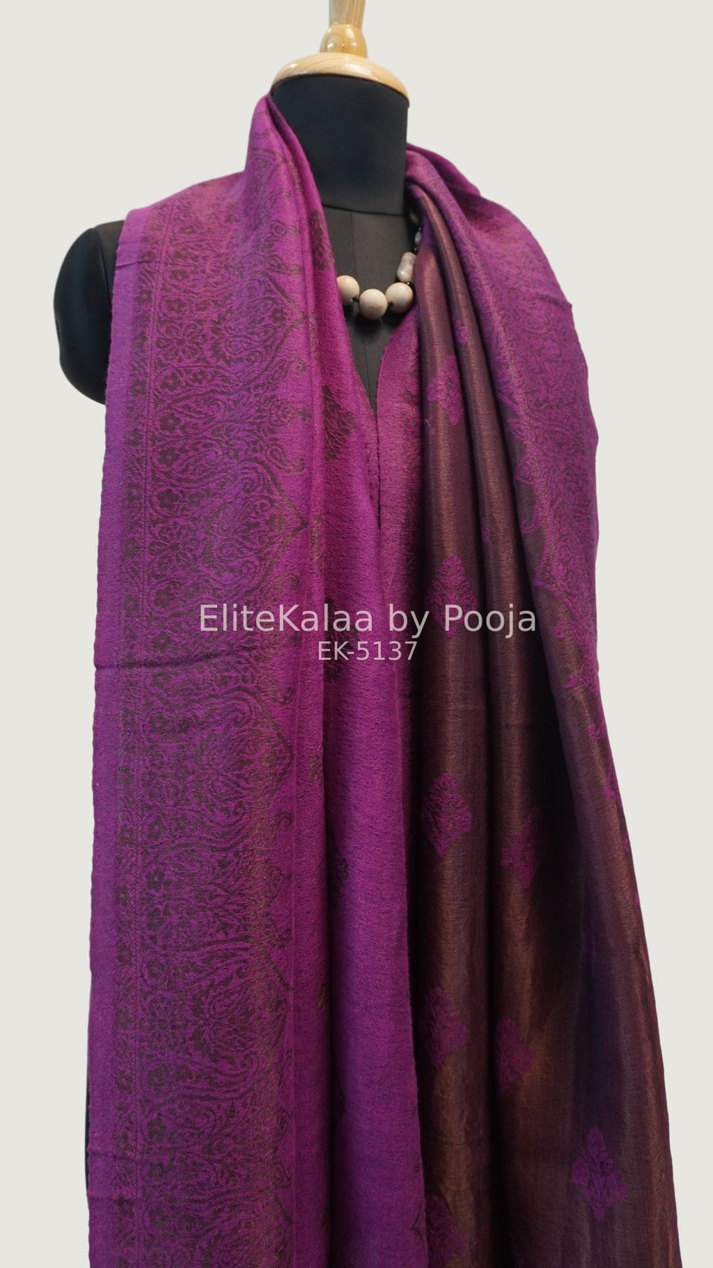 Purple fine wool stole with self zari leaf design
