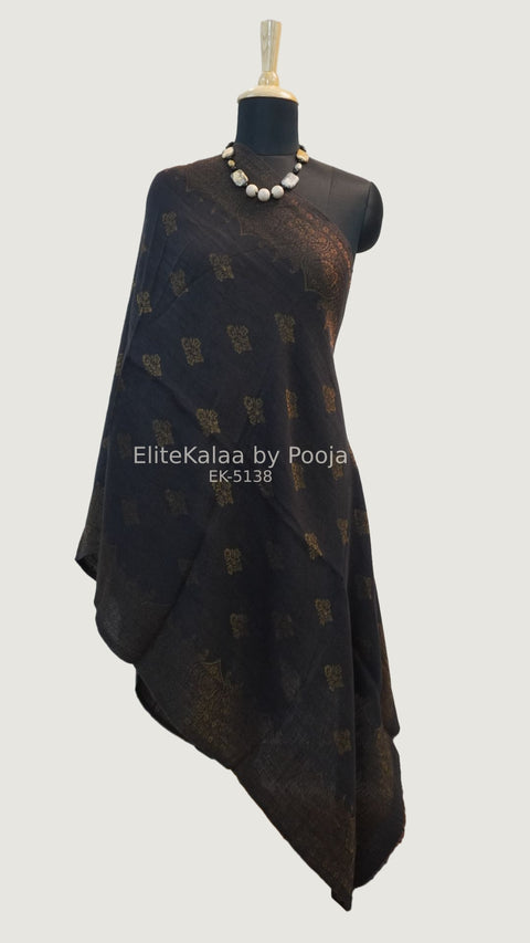 Black fine wool stole with self zari leaf design and border detail