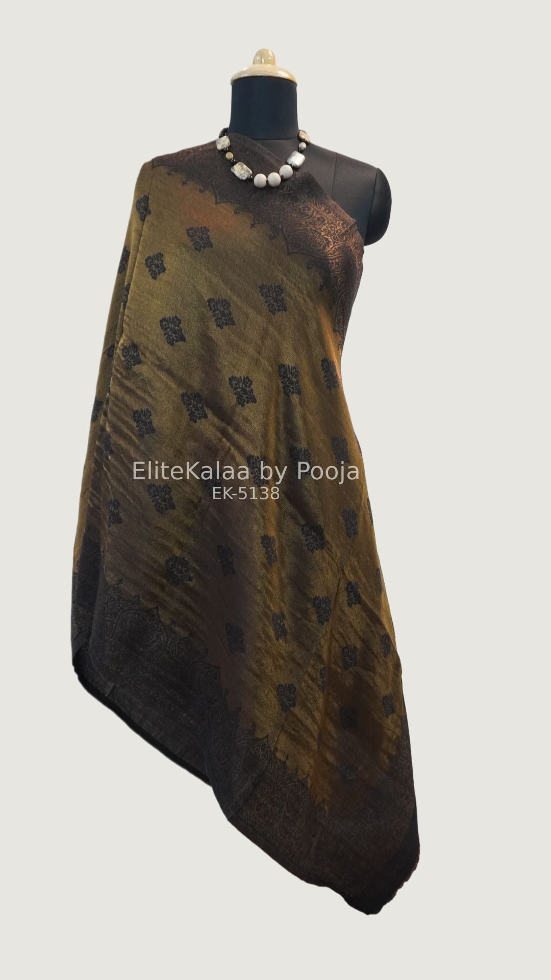 Black fine wool stole with self zari leaf design and border detail