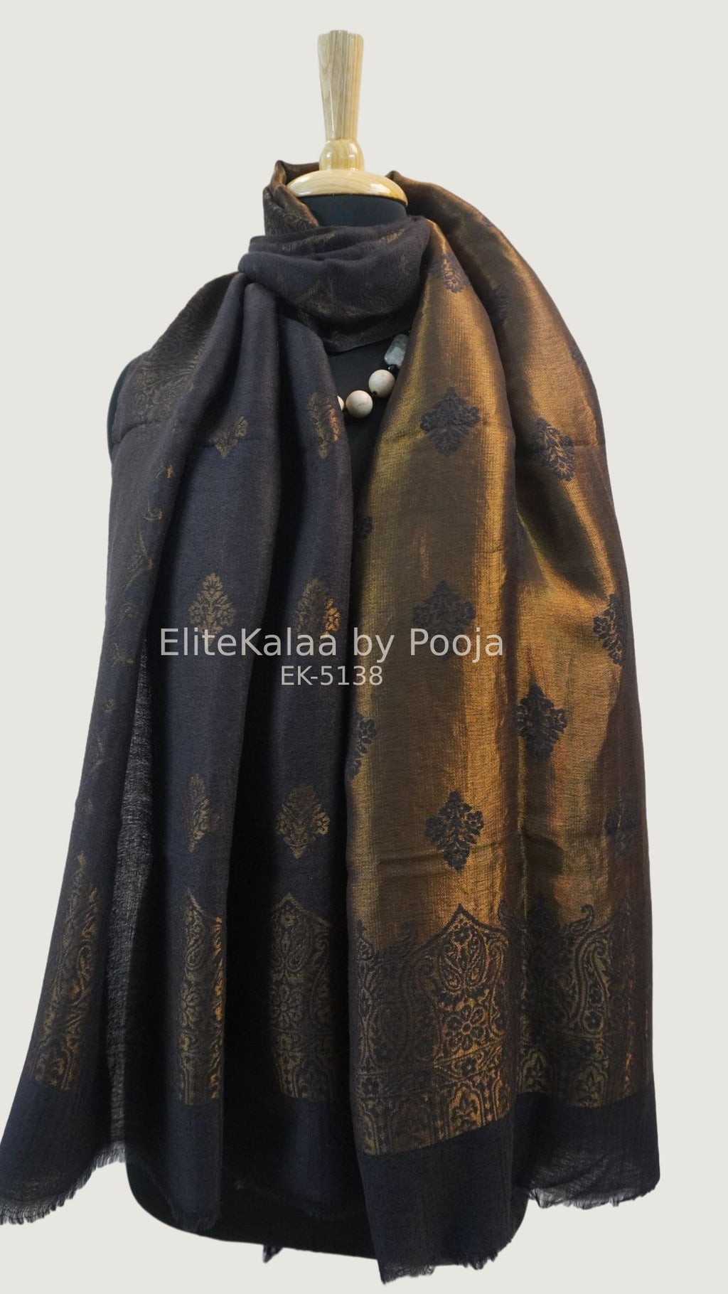 Black fine wool stole with self zari leaf design and border detail
