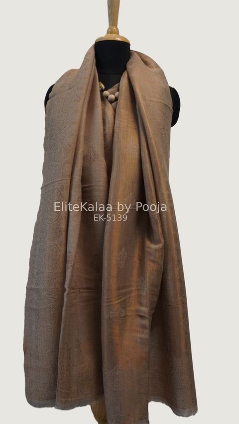 Beige fine wool stole with self zari leaf design and border detail