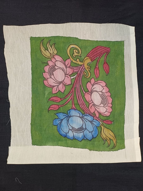 Green Kalamkari patch with lotus motif, border detail, and placement pattern in 11 by 8 inch size