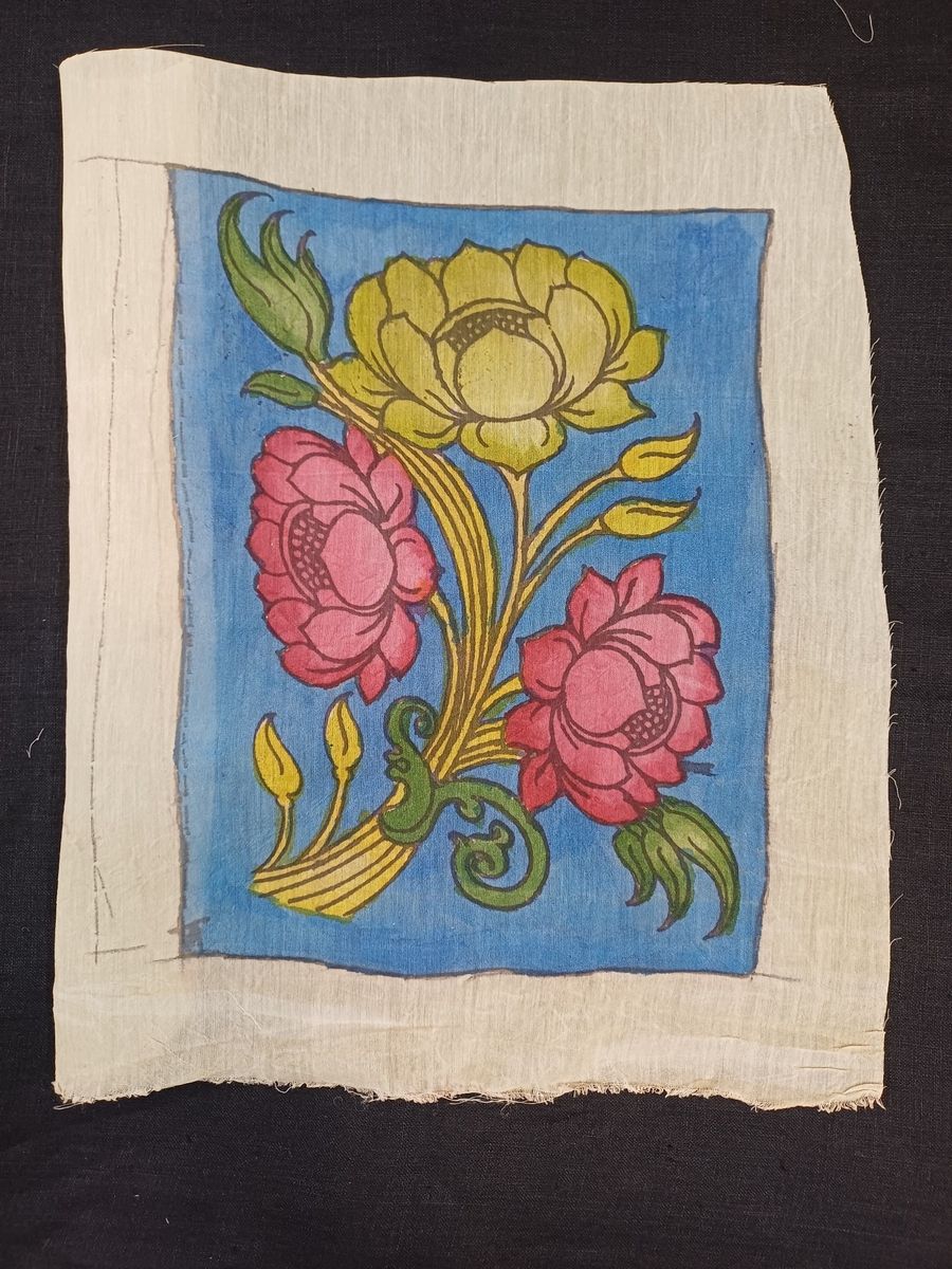 Blue Kalamkari lotus motif patch with placement pattern and clean design