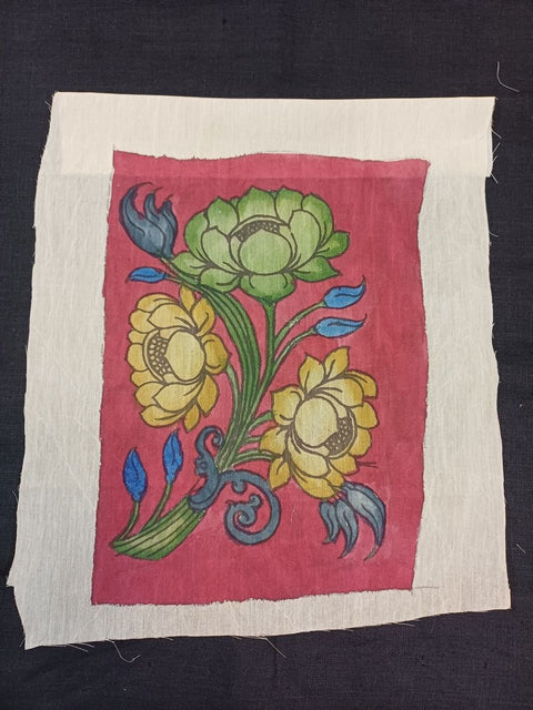 Pink Kalamkari patch with lotus motif, border detail and placement pattern, 11 by 8 inch