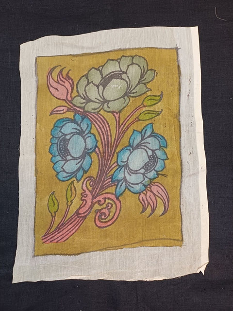 Mustard Kalamkari patch with lotus motif and border, 11 by 8 inch