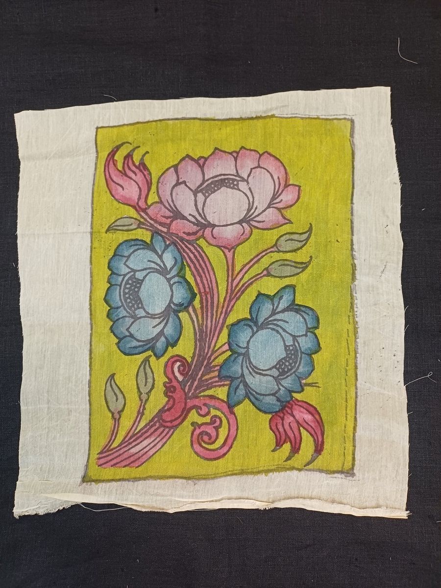Yellow Kalamkari Bangalore Silk patch with lotus motif and border detail