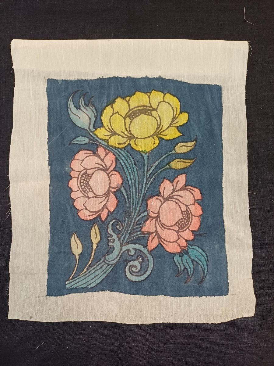 Blue Kalamkari silk patch with lotus floral motif and border detail