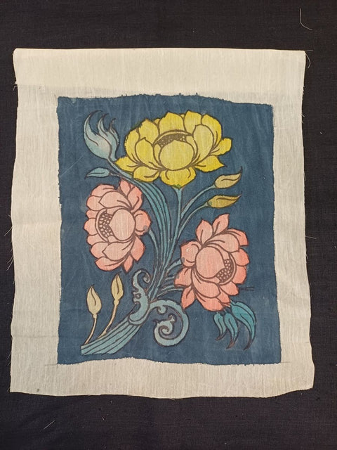 Blue Kalamkari silk patch with lotus floral motif and border detail