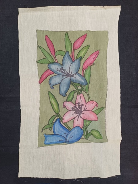 Beige Kalamkari Bangalore Silk patch with a floral lily motif and clean design