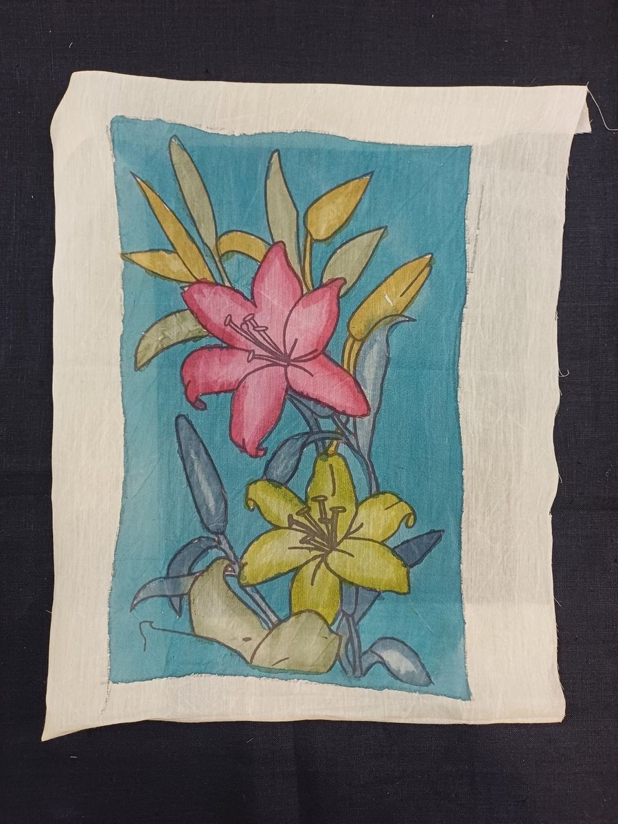 Blue Kalamkari silk patch with Lily motif and border detail, 12x8 inches.